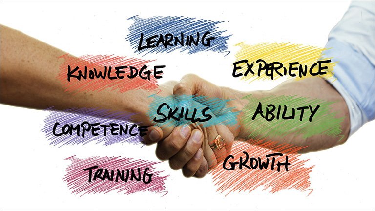 Image showing handshake with learning, experience, knowledge, skills, ability, competence, growth and training written on it